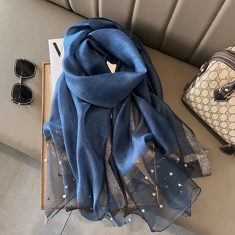 Spring And Summer New Silk Scarf Women's Sunshade Elegant Shawl Fashion Western Style Scarf Beaded Scarf