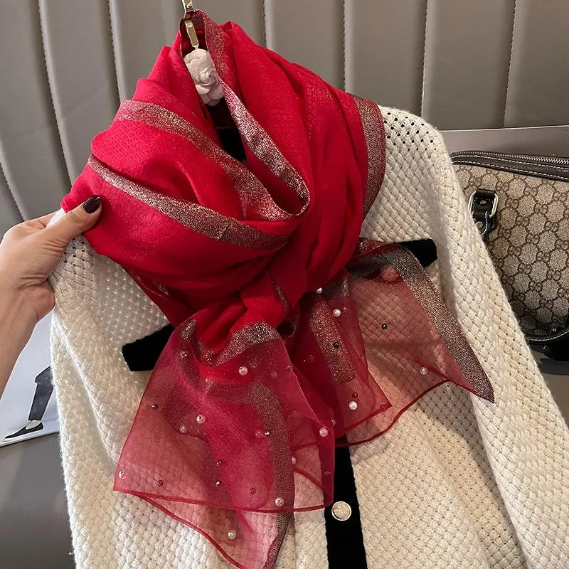 Spring And Summer New Silk Scarf Women's Sunshade Elegant Shawl Fashion Western Style Scarf Beaded Scarf