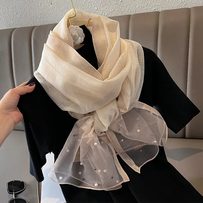 Spring And Summer New Silk Scarf Women's Sunshade Elegant Shawl Fashion Western Style Scarf Beaded Scarf