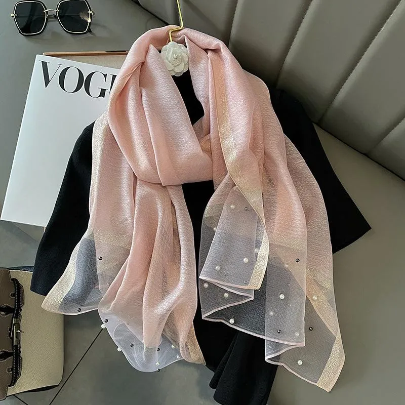 Spring And Summer New Silk Scarf Women's Sunshade Elegant Shawl Fashion Western Style Scarf Beaded Scarf