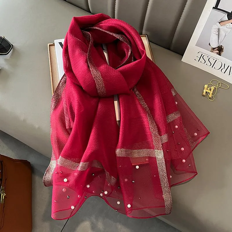 Spring And Summer New Silk Scarf Women's Sunshade Elegant Shawl Fashion Western Style Scarf Beaded Scarf