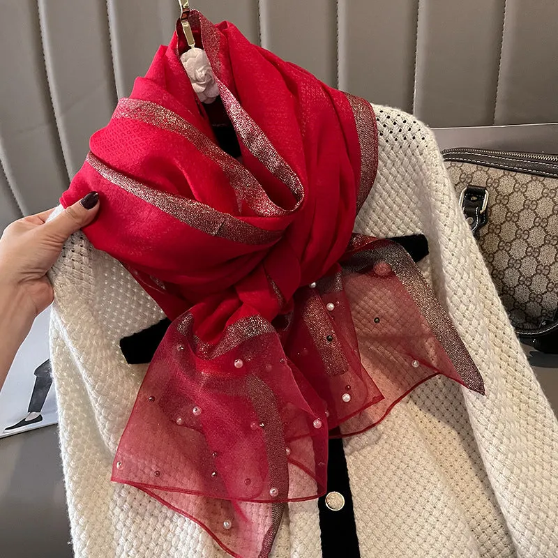 Spring And Summer New Silk Scarf Women's Sunshade Elegant Shawl Fashion Western Style Scarf Beaded Scarf
