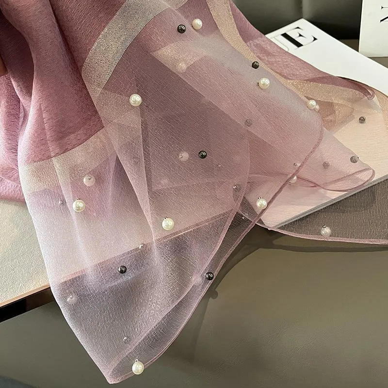 Spring And Summer New Silk Scarf Women's Sunshade Elegant Shawl Fashion Western Style Scarf Beaded Scarf