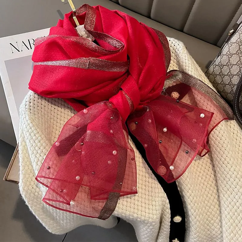 Spring And Summer New Silk Scarf Women's Sunshade Elegant Shawl Fashion Western Style Scarf Beaded Scarf