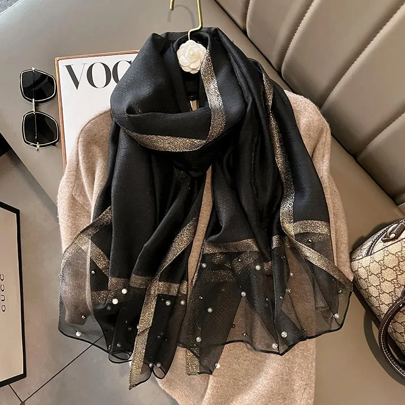 Spring And Summer New Silk Scarf Women's Sunshade Elegant Shawl Fashion Western Style Scarf Beaded Scarf
