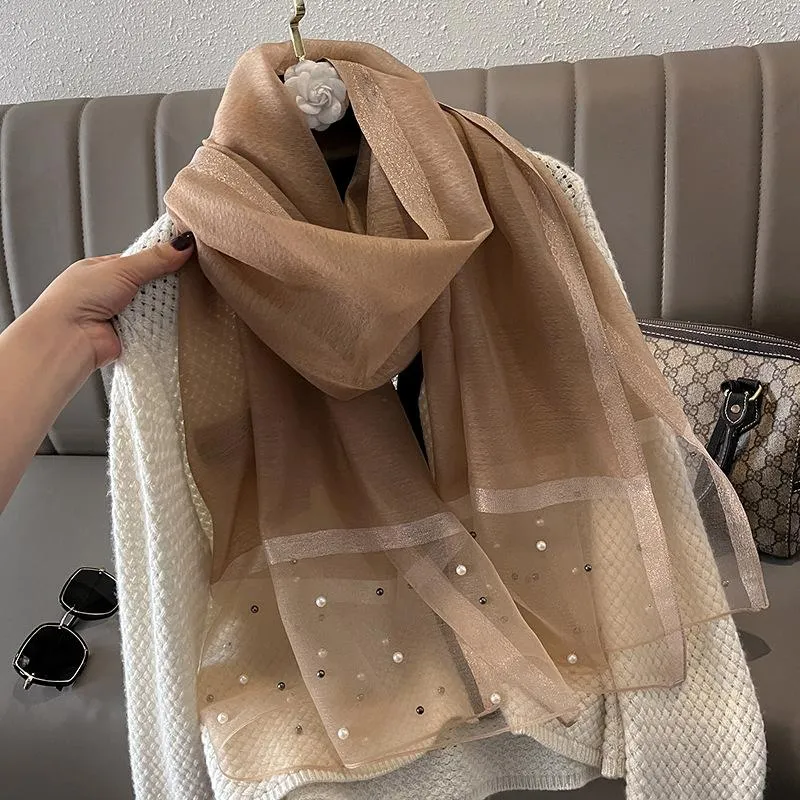 Spring And Summer New Silk Scarf Women's Sunshade Elegant Shawl Fashion Western Style Scarf Beaded Scarf