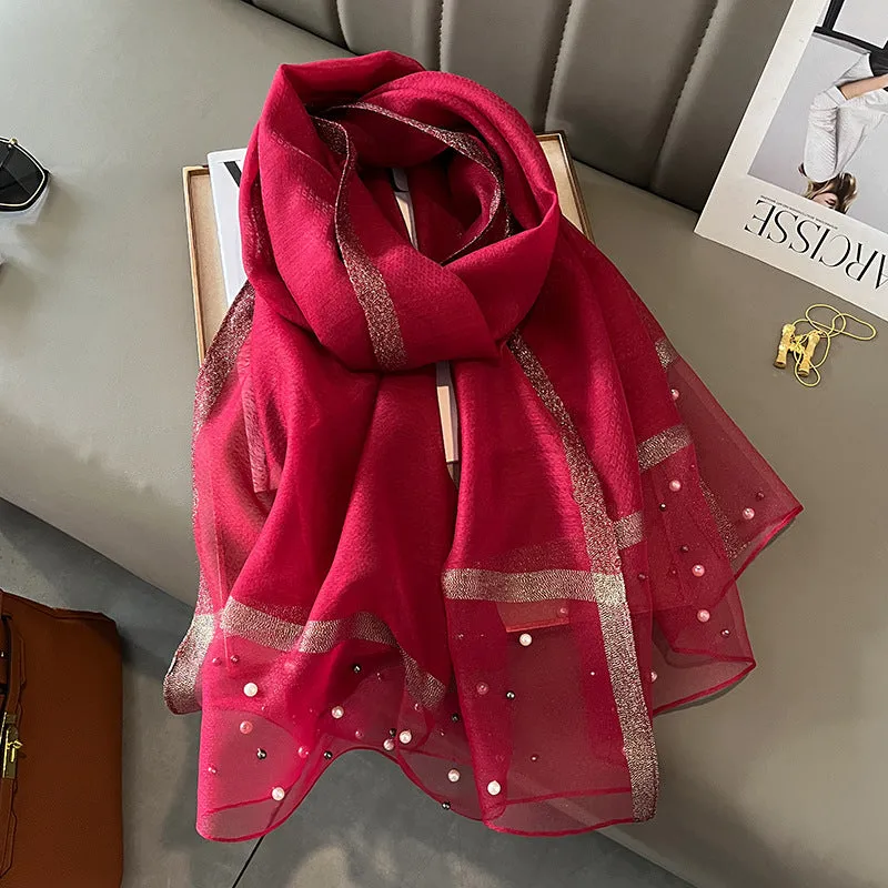 Spring And Summer New Silk Scarf Women's Sunshade Elegant Shawl Fashion Western Style Scarf Beaded Scarf