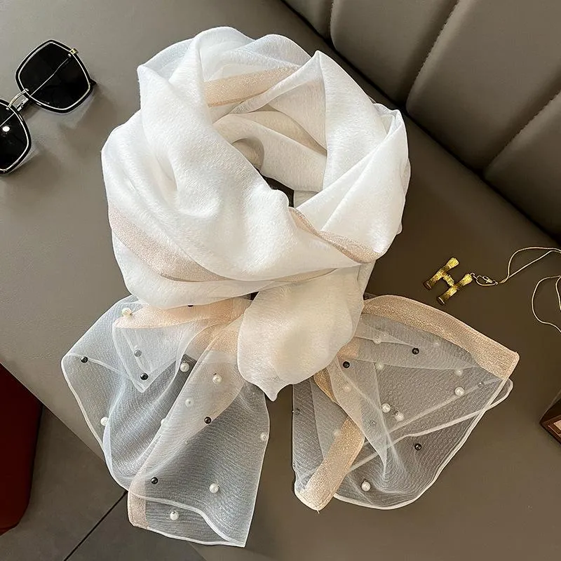 Spring And Summer New Silk Scarf Women's Sunshade Elegant Shawl Fashion Western Style Scarf Beaded Scarf