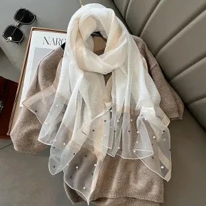 Spring And Summer New Silk Scarf Women's Sunshade Elegant Shawl Fashion Western Style Scarf Beaded Scarf