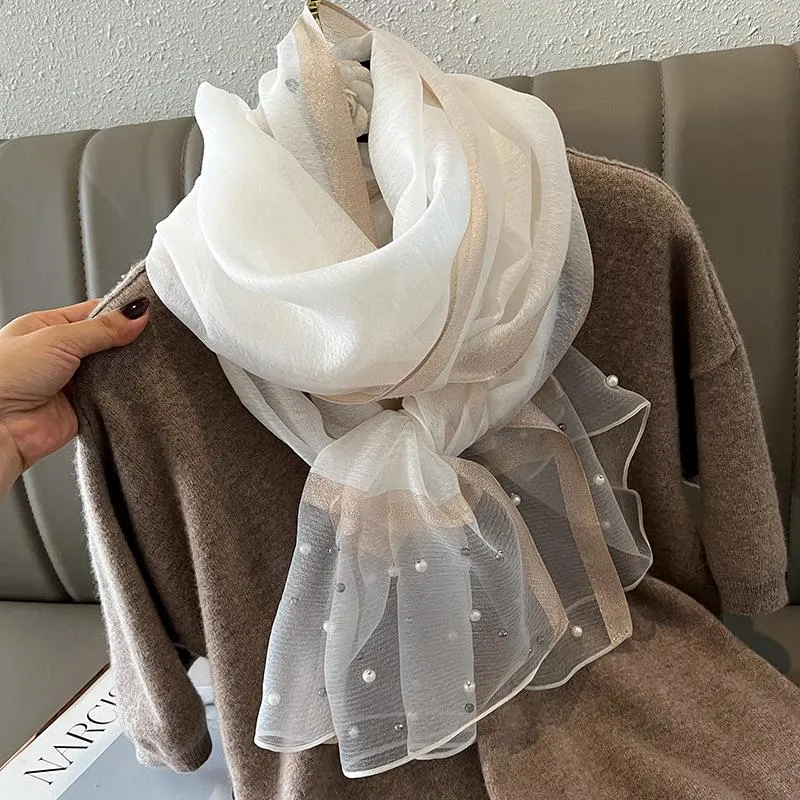 Spring And Summer New Silk Scarf Women's Sunshade Elegant Shawl Fashion Western Style Scarf Beaded Scarf