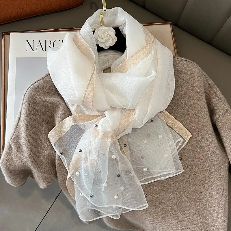 Spring And Summer New Silk Scarf Women's Sunshade Elegant Shawl Fashion Western Style Scarf Beaded Scarf