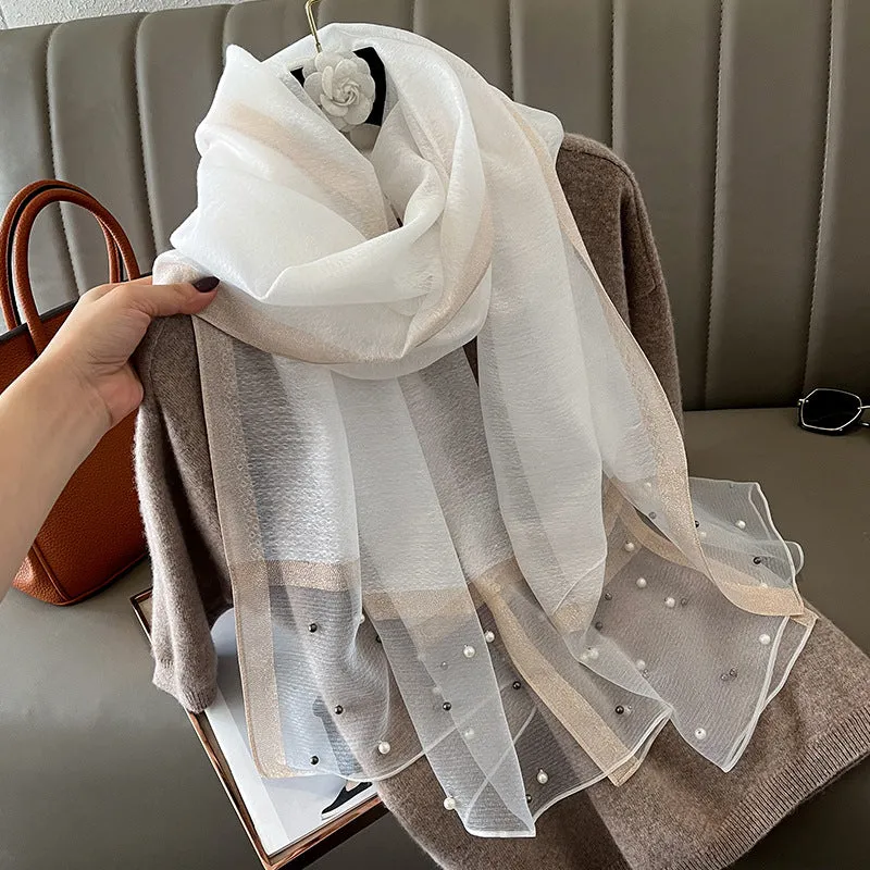 Spring And Summer New Silk Scarf Women's Sunshade Elegant Shawl Fashion Western Style Scarf Beaded Scarf
