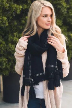 Stylish Long Black Tassel Frayed Blanket Scarf