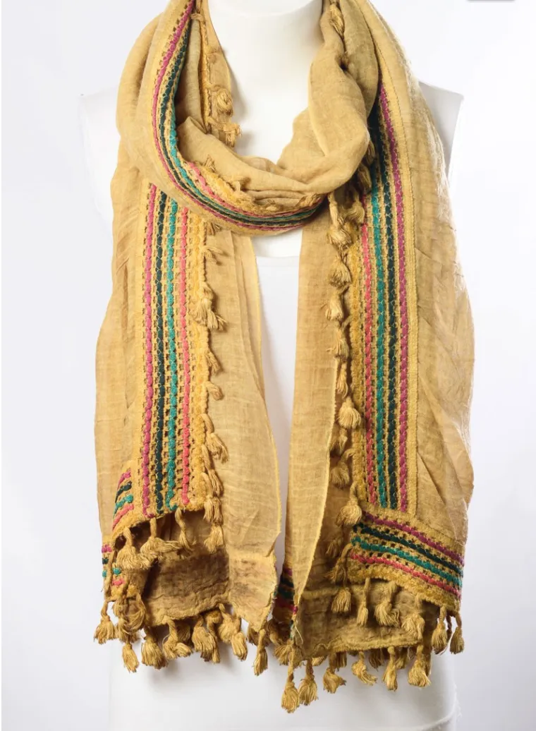 Stylish Multi-Color Tassel Trim Mustard Scarf