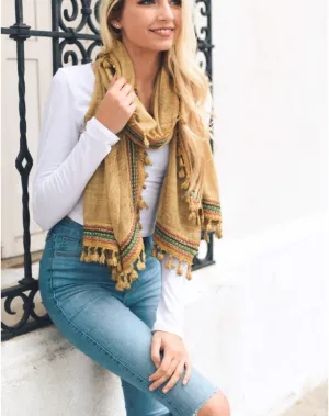 Stylish Multi-Color Tassel Trim Mustard Scarf