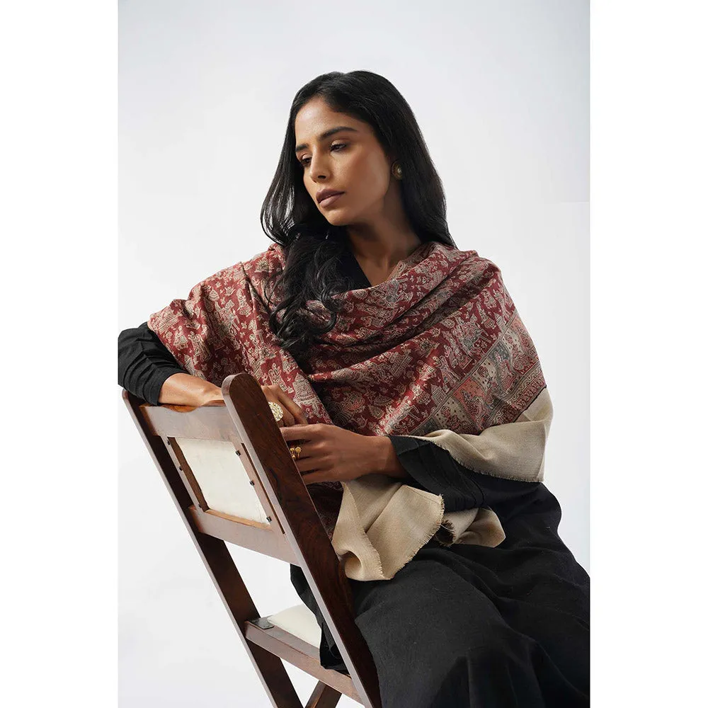 TAHILIYA Mughal Story Woven Wool Blend Red Winter Shawl
