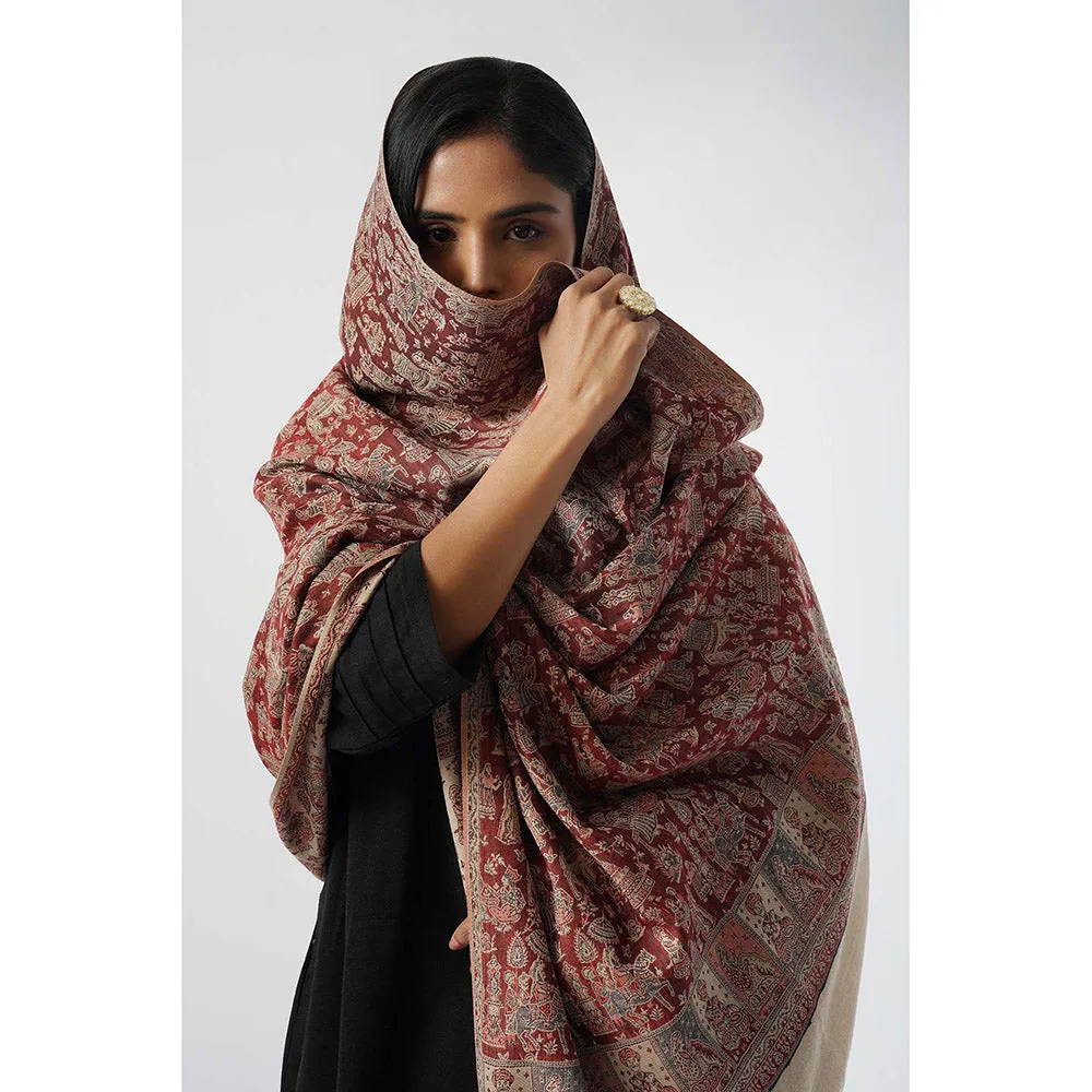 TAHILIYA Mughal Story Woven Wool Blend Red Winter Shawl