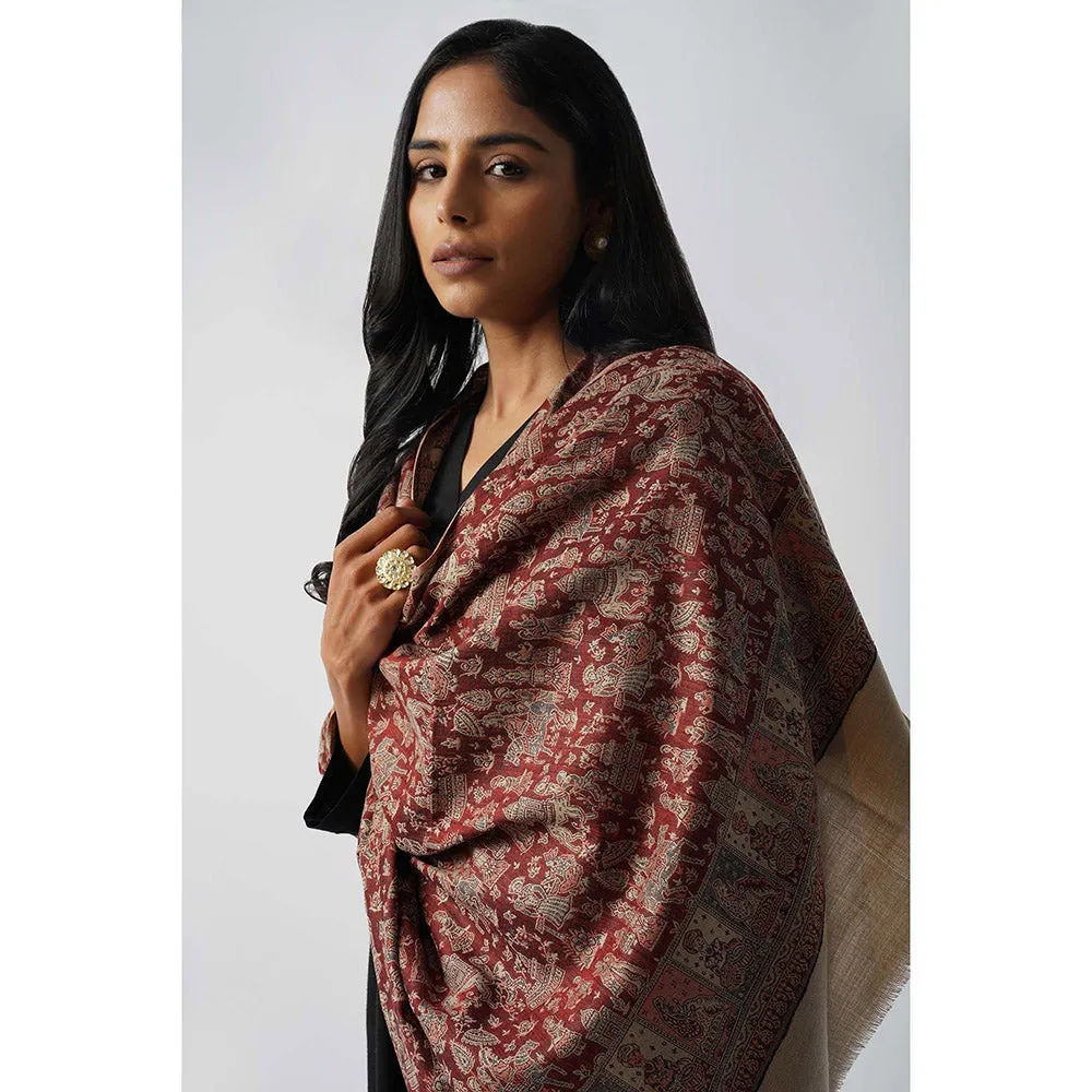 TAHILIYA Mughal Story Woven Wool Blend Red Winter Shawl