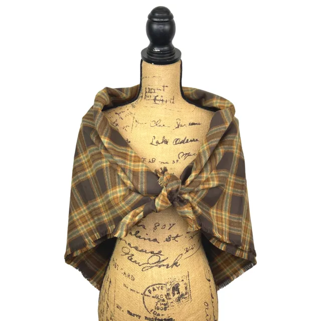 Tartan of Dark Brown, Caramel, Cream and Light Teal Blue Luxe Collection Plaid Infinity and Blanket Scarves