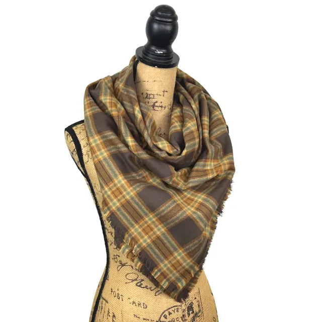 Tartan of Dark Brown, Caramel, Cream and Light Teal Blue Luxe Collection Plaid Infinity and Blanket Scarves
