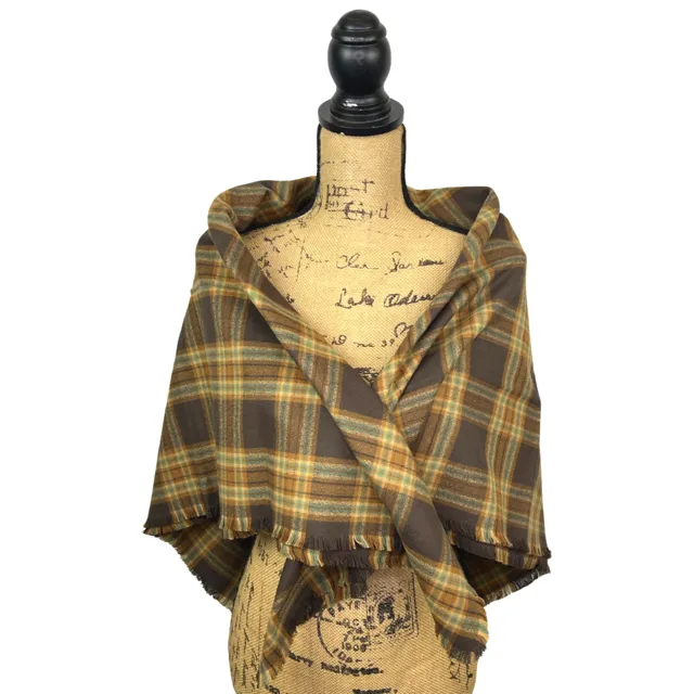 Tartan of Dark Brown, Caramel, Cream and Light Teal Blue Luxe Collection Plaid Infinity and Blanket Scarves