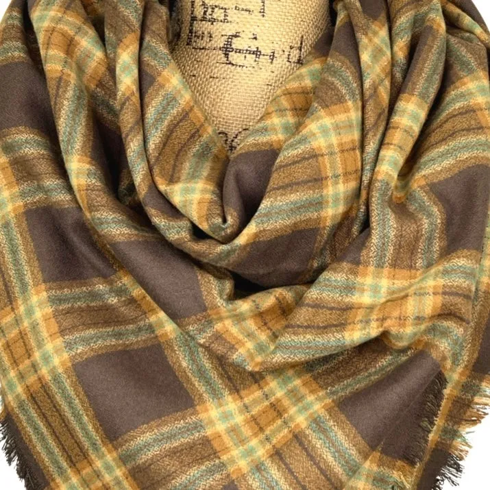 Tartan of Dark Brown, Caramel, Cream and Light Teal Blue Luxe Collection Plaid Infinity and Blanket Scarves