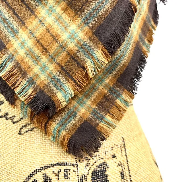 Tartan of Dark Brown, Caramel, Cream and Light Teal Blue Luxe Collection Plaid Infinity and Blanket Scarves