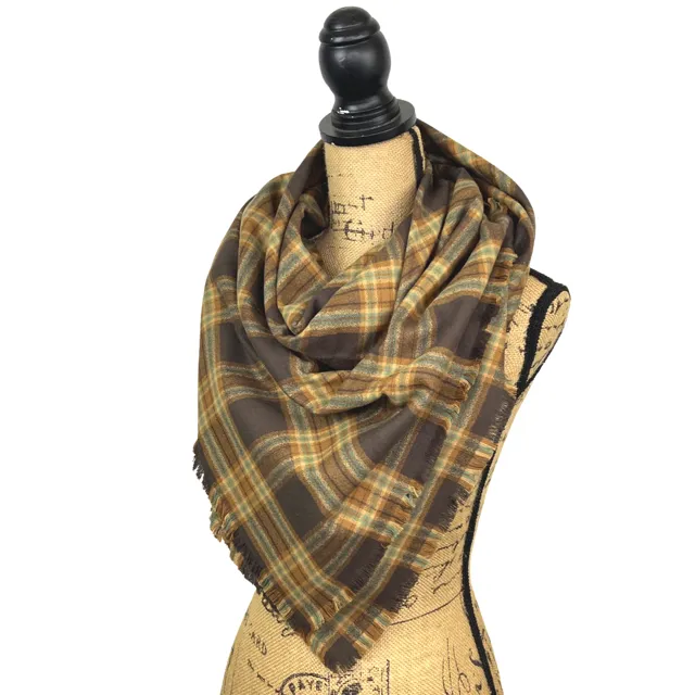 Tartan of Dark Brown, Caramel, Cream and Light Teal Blue Luxe Collection Plaid Infinity and Blanket Scarves