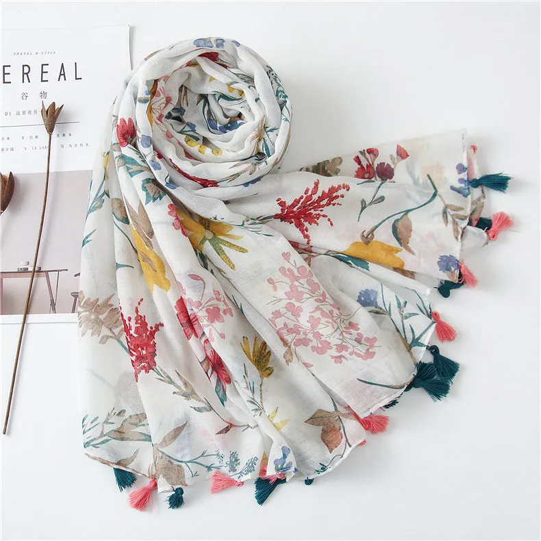 Tassel Fringe Cotton Printed Scarf Shawl for Women Ladies Girls