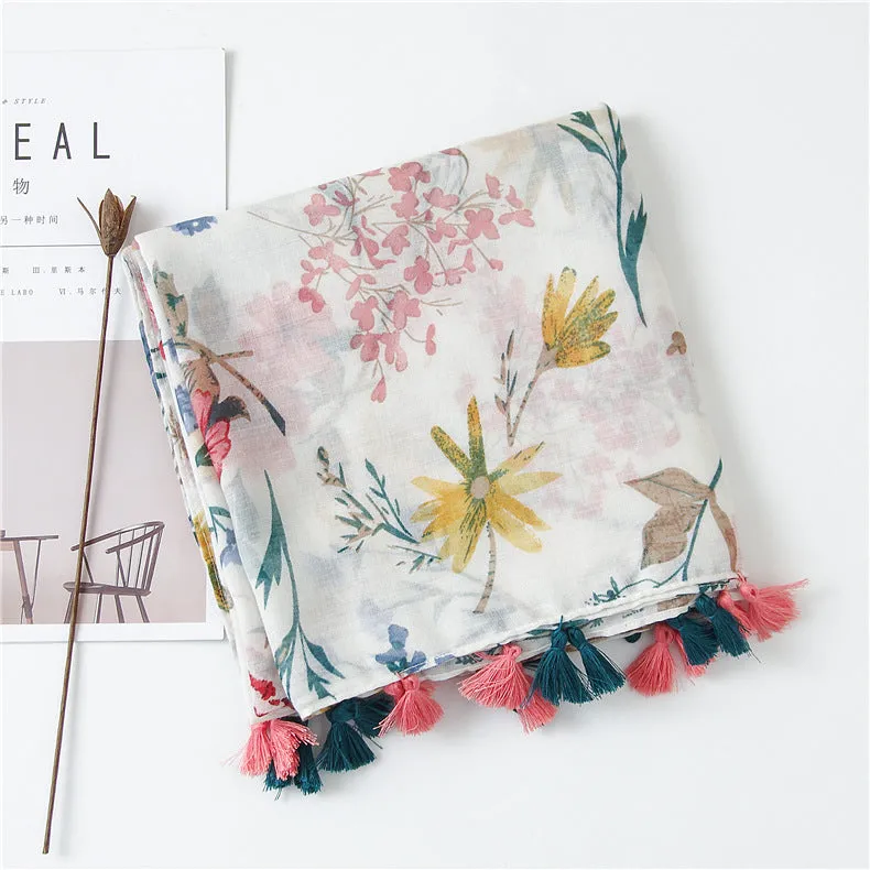 Tassel Fringe Cotton Printed Scarf Shawl for Women Ladies Girls