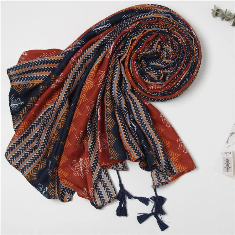 Tassel Twill Cotton Printed Scarf Ethnic Shawl for Women Ladies Girls