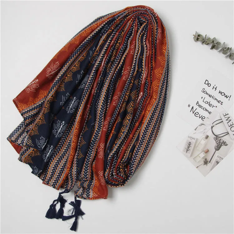 Tassel Twill Cotton Printed Scarf Ethnic Shawl for Women Ladies Girls