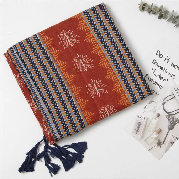 Tassel Twill Cotton Printed Scarf Ethnic Shawl for Women Ladies Girls