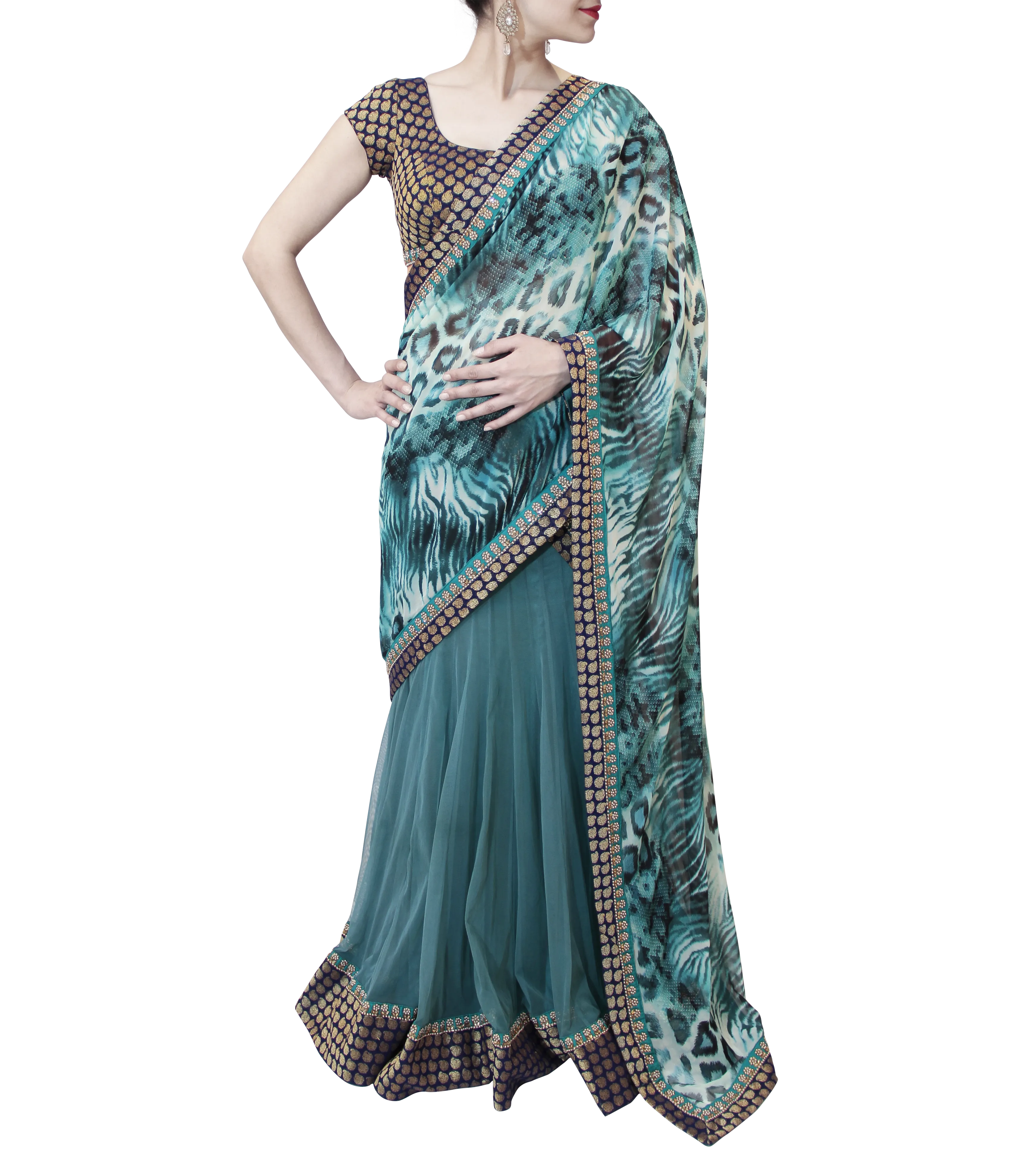 TEAL AND ROYAL BLUE LEHENGA SAREE