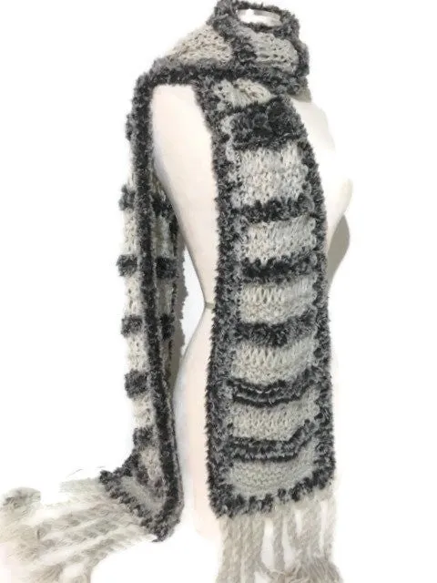 THE SHADES OF GRAY SCARF, knit gray alpaca and faux fur yarn, handmade wrap, gift for her, for winter,