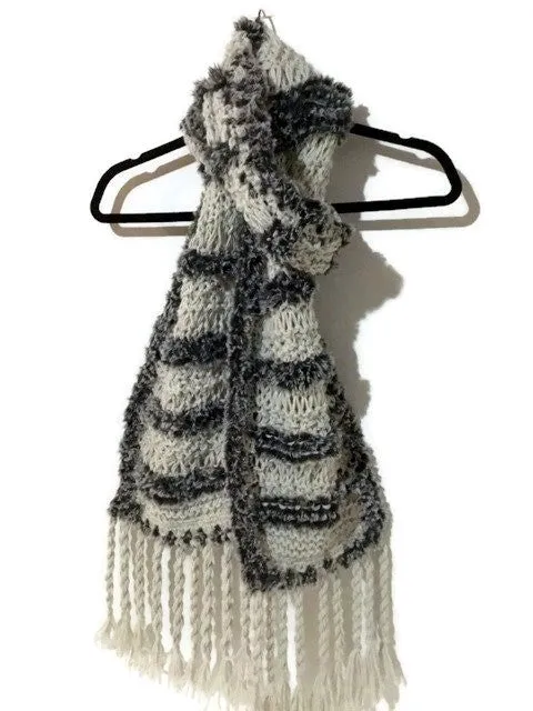 THE SHADES OF GRAY SCARF, knit gray alpaca and faux fur yarn, handmade wrap, gift for her, for winter,