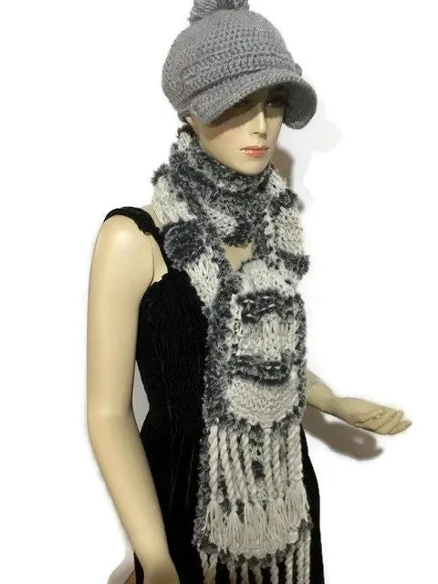 THE SHADES OF GRAY SCARF, knit gray alpaca and faux fur yarn, handmade wrap, gift for her, for winter,