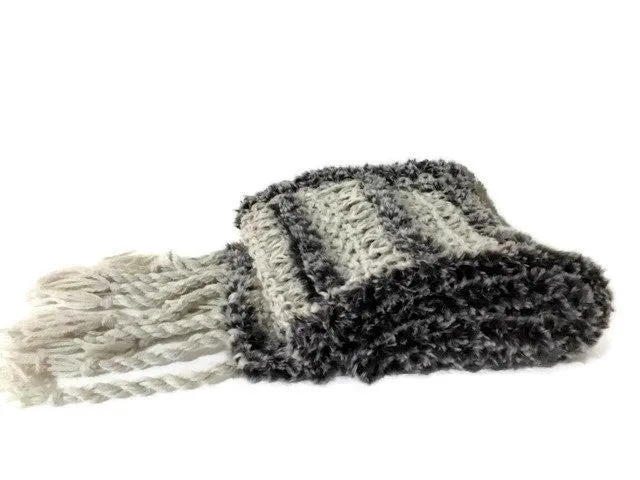 THE SHADES OF GRAY SCARF, knit gray alpaca and faux fur yarn, handmade wrap, gift for her, for winter,