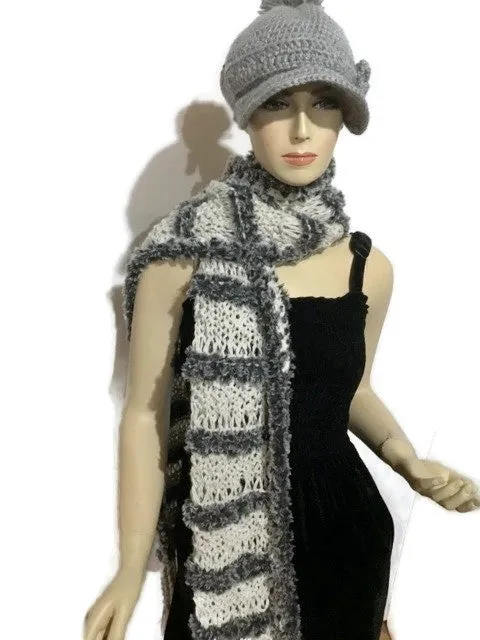 THE SHADES OF GRAY SCARF, knit gray alpaca and faux fur yarn, handmade wrap, gift for her, for winter,