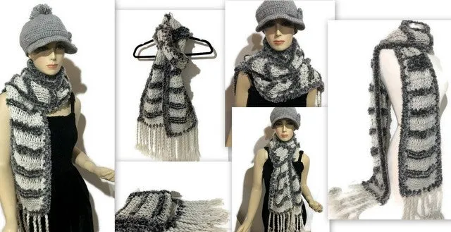 THE SHADES OF GRAY SCARF, knit gray alpaca and faux fur yarn, handmade wrap, gift for her, for winter,