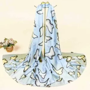 Tiny Butterfly Printed Smooth Imitation Silk Scarf - Azure