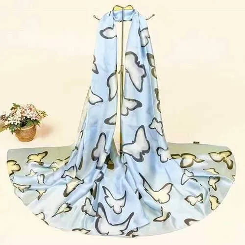 Tiny Butterfly Printed Smooth Imitation Silk Scarf - Azure