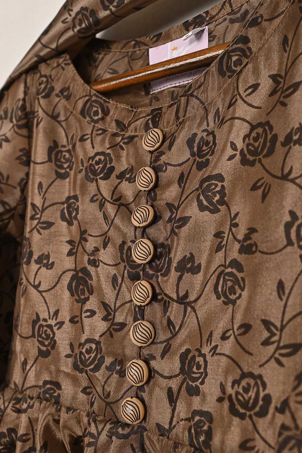 TKF-252-Brown - Kids 3Pc Ready to Wear Silk Printed Frock