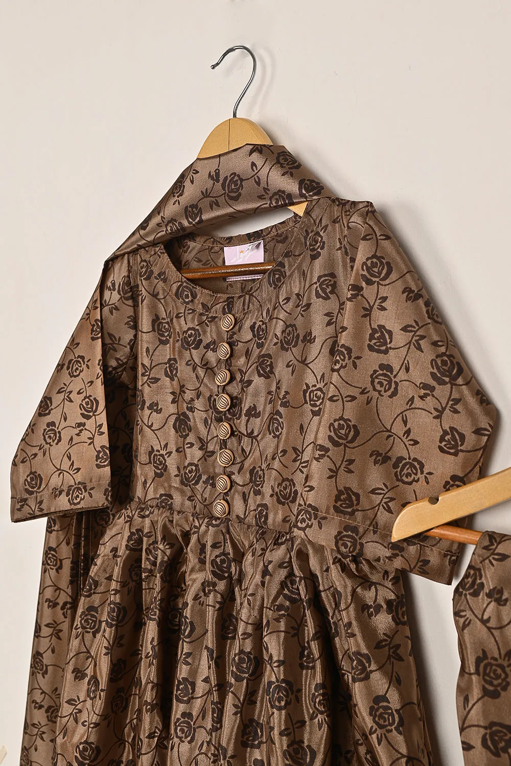 TKF-252-Brown - Kids 3Pc Ready to Wear Silk Printed Frock
