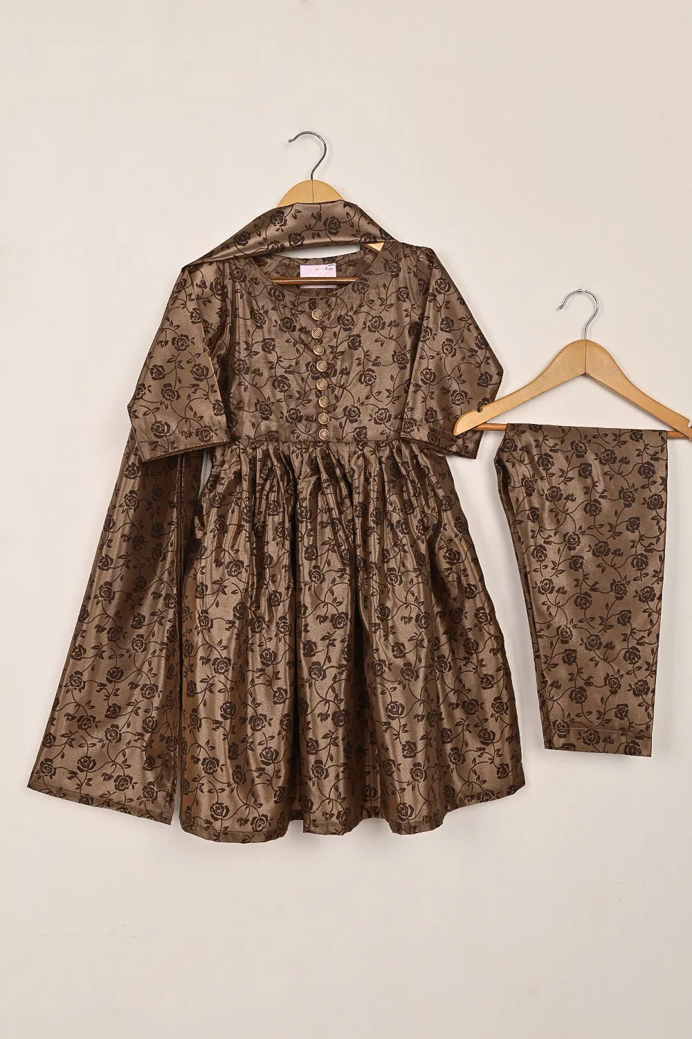 TKF-252-Brown - Kids 3Pc Ready to Wear Silk Printed Frock