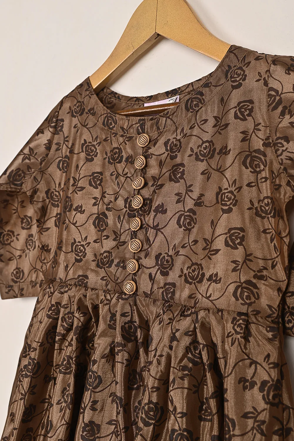 TKF-252-Brown - Kids 3Pc Ready to Wear Silk Printed Frock