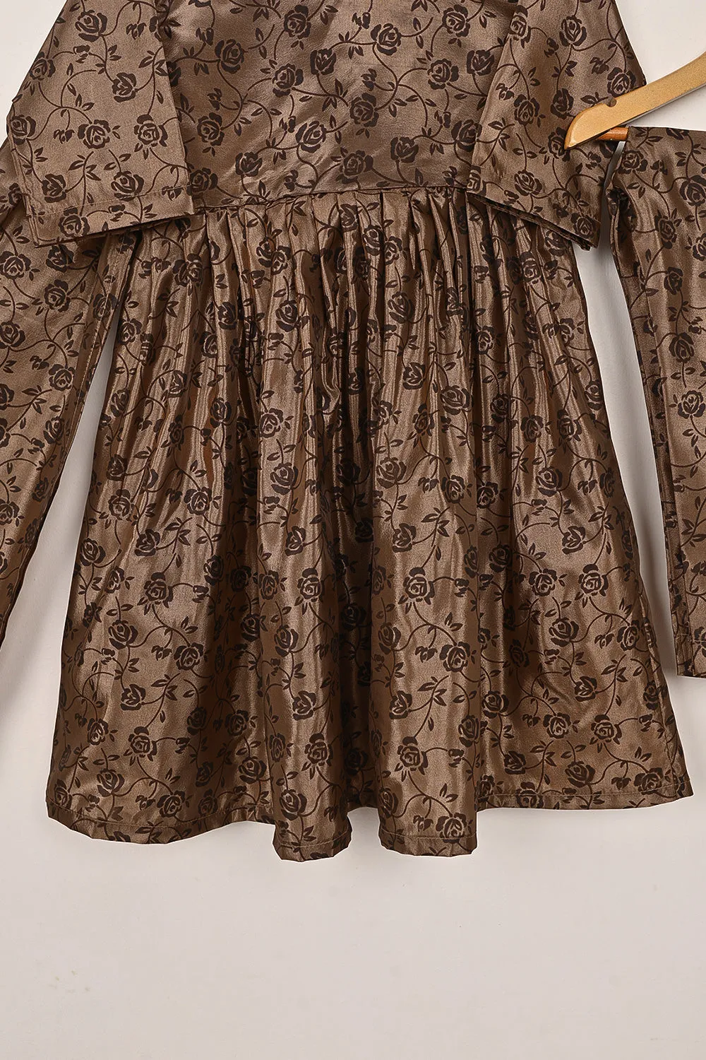 TKF-252-Brown - Kids 3Pc Ready to Wear Silk Printed Frock