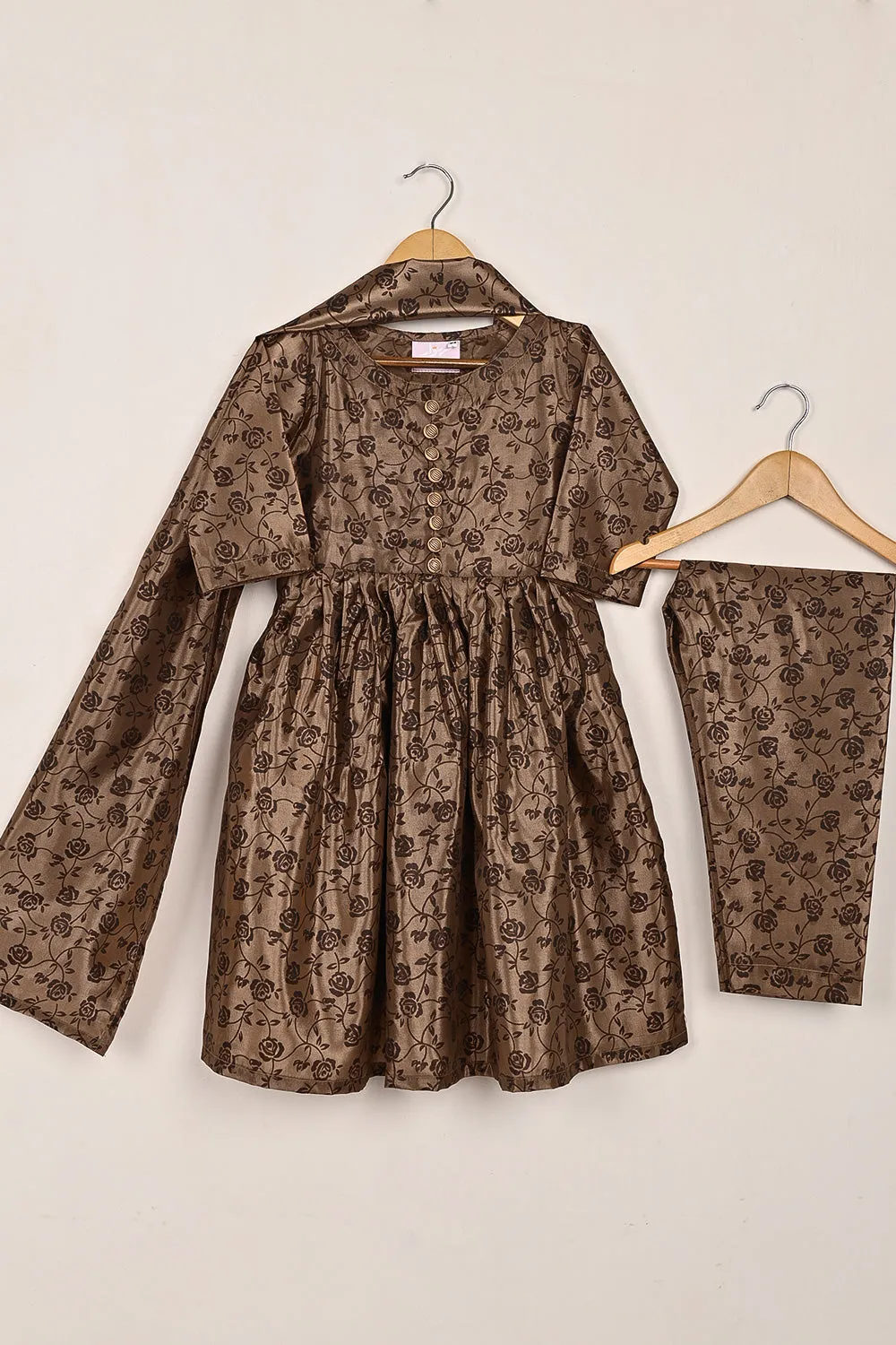 TKF-252-Brown - Kids 3Pc Ready to Wear Silk Printed Frock