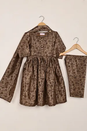 TKF-252-Brown - Kids 3Pc Ready to Wear Silk Printed Frock