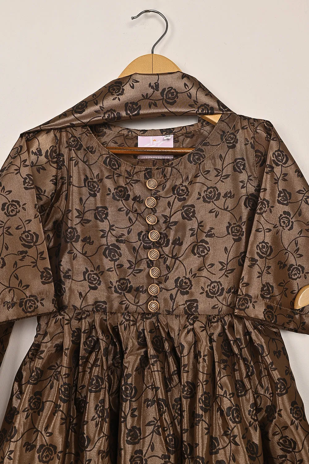 TKF-252-Brown - Kids 3Pc Ready to Wear Silk Printed Frock